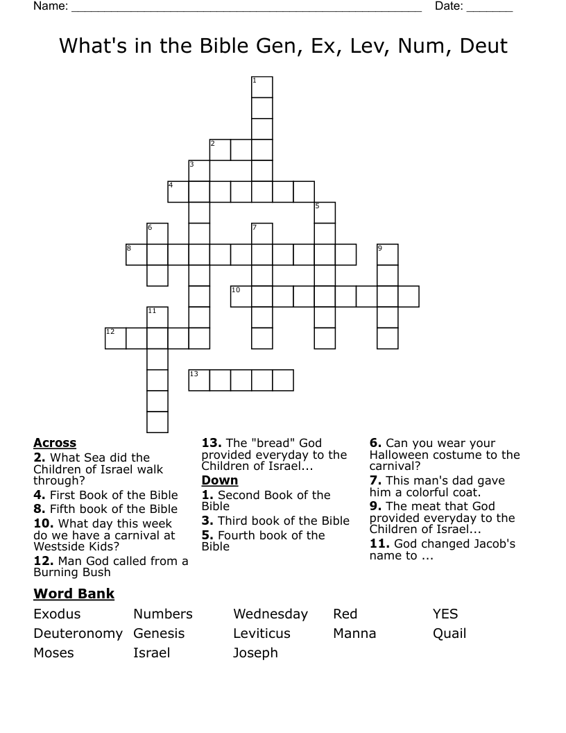 What's in the Bible Gen, Ex, Lev, Num, Deut Crossword