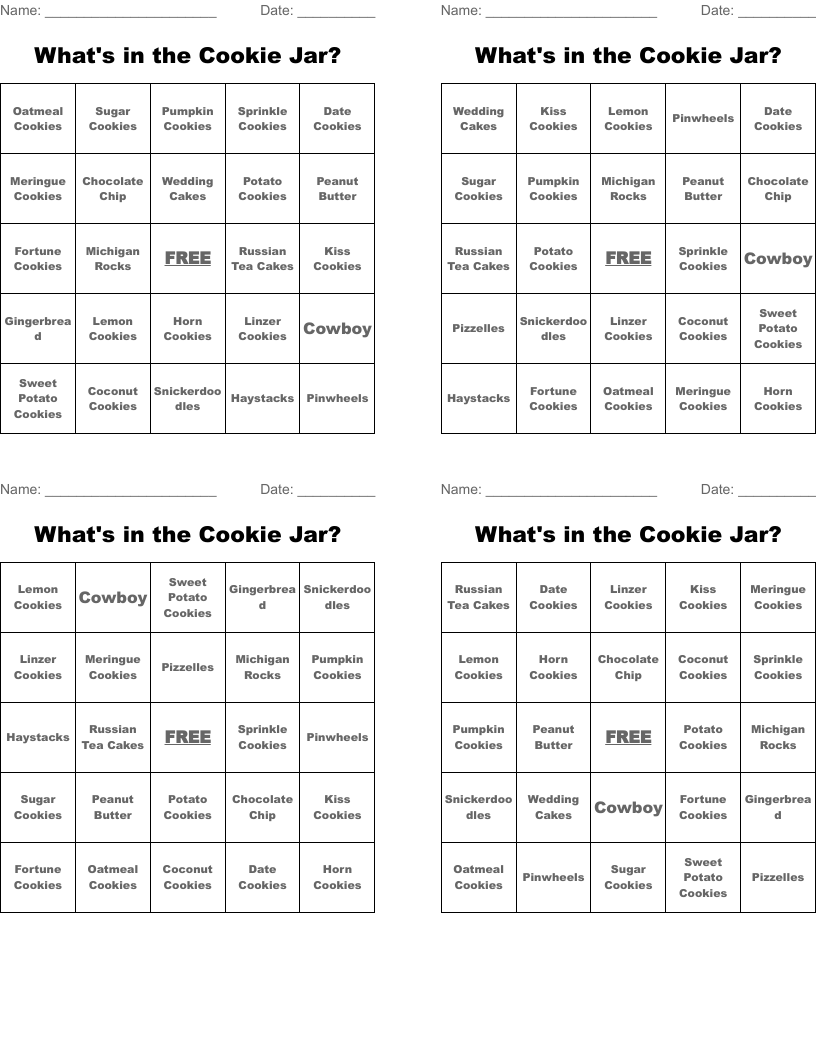 What's in the Cookie Jar? Bingo Cards