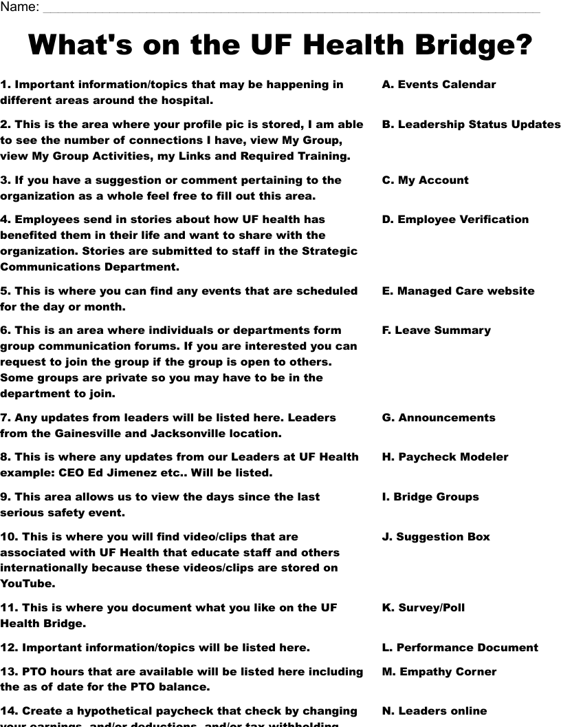 What's on the UF Health Bridge? Worksheet