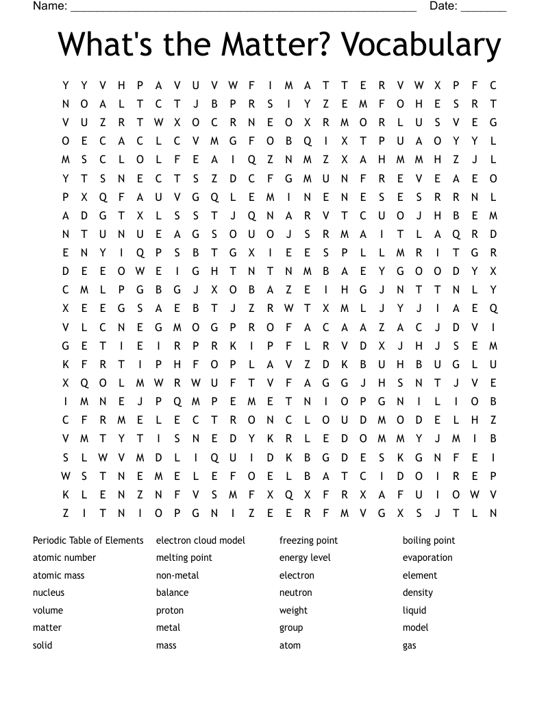 What's the Matter? Vocabulary Word Search
