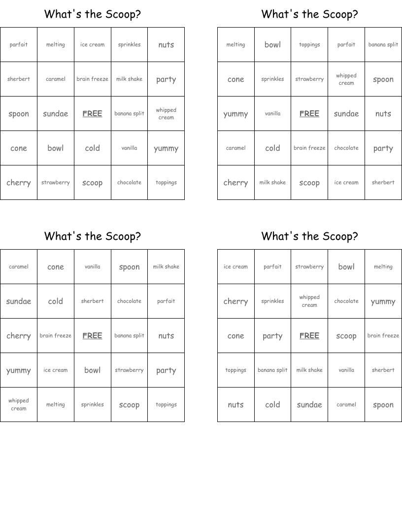 What's the Scoop? Bingo Cards