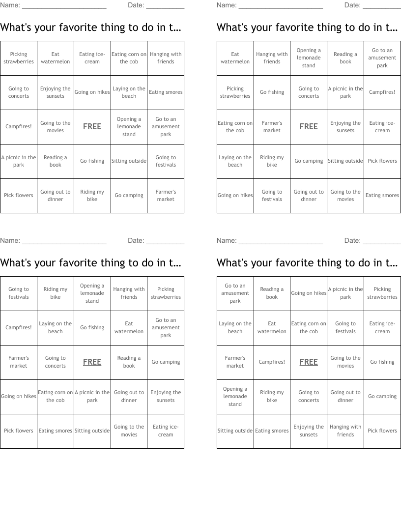 What's your favorite thing to do in the Summer? Bingo Cards