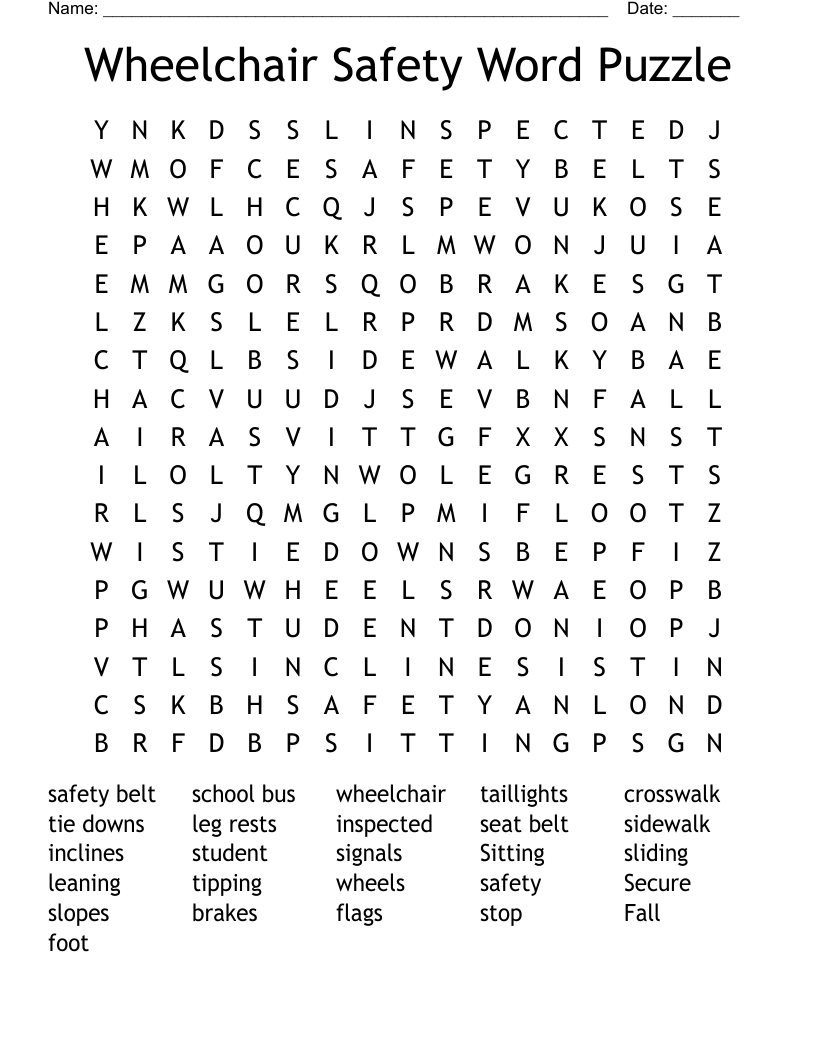Wheelchair Safety Word Puzzle Word Search
