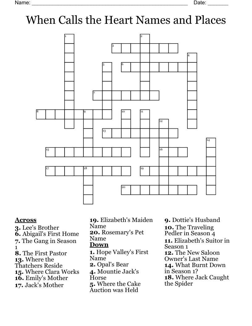 When Calls the Heart Names and Places Crossword
