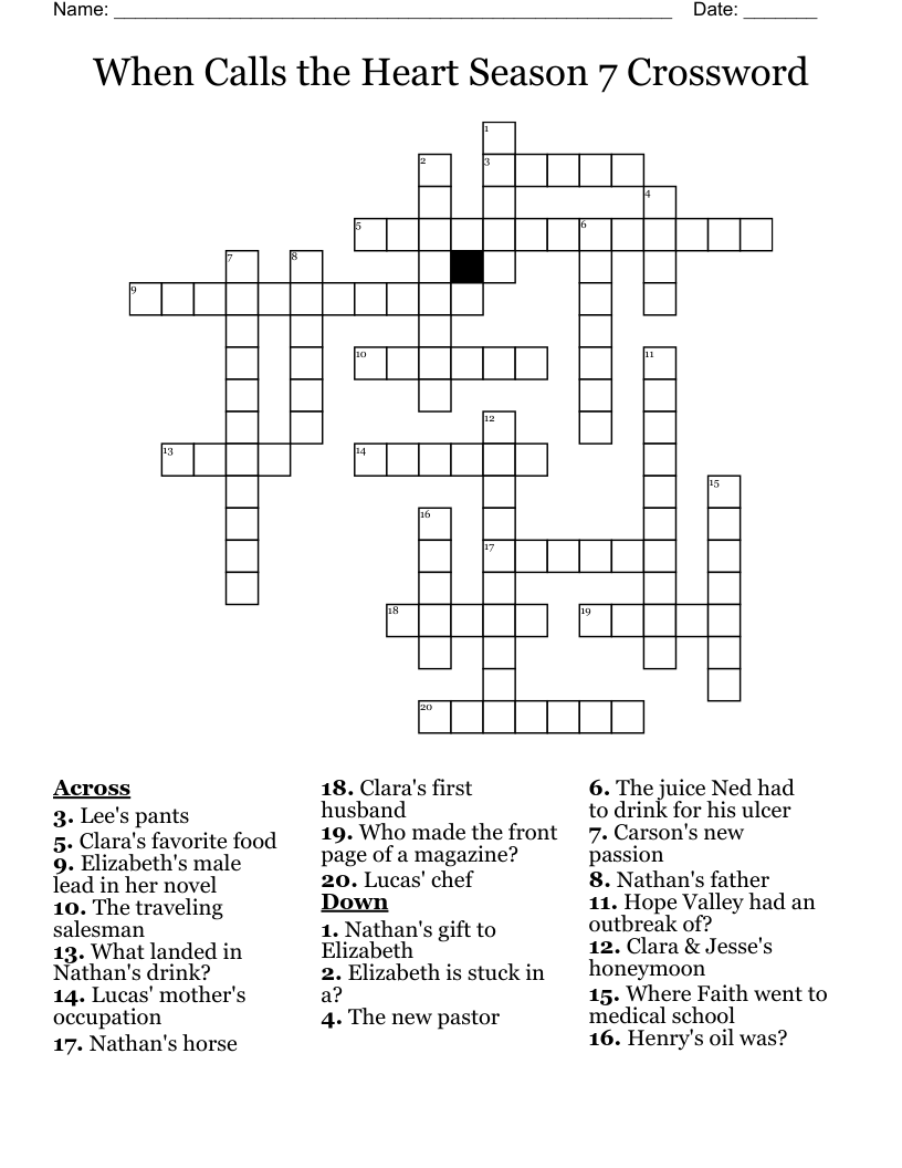 When Calls the Heart Season 7 Crossword