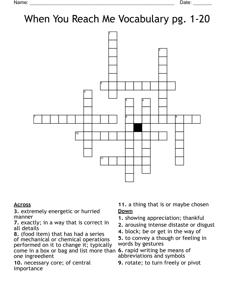 When You Reach Me Vocabulary pg. 1-20 Crossword