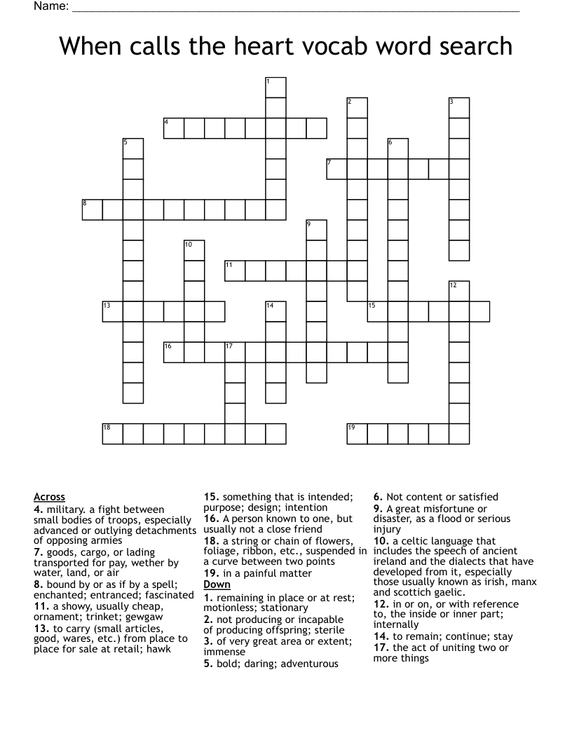 When calls the heart vocab word search Crossword