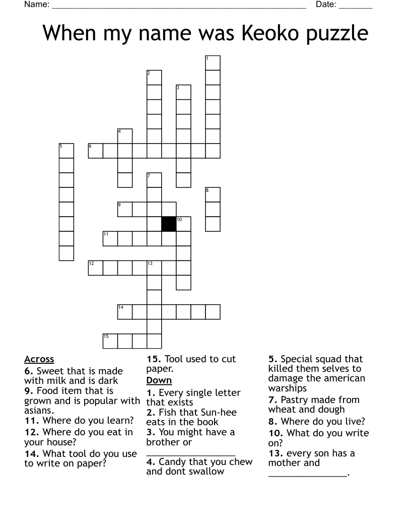 When my name was Keoko puzzle Crossword