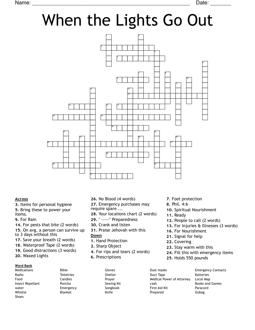 When the Lights Go Out Crossword