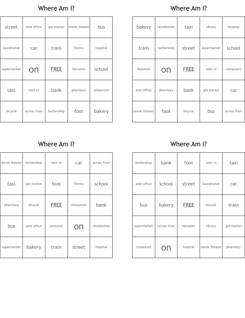 Where Am I? Bingo Cards