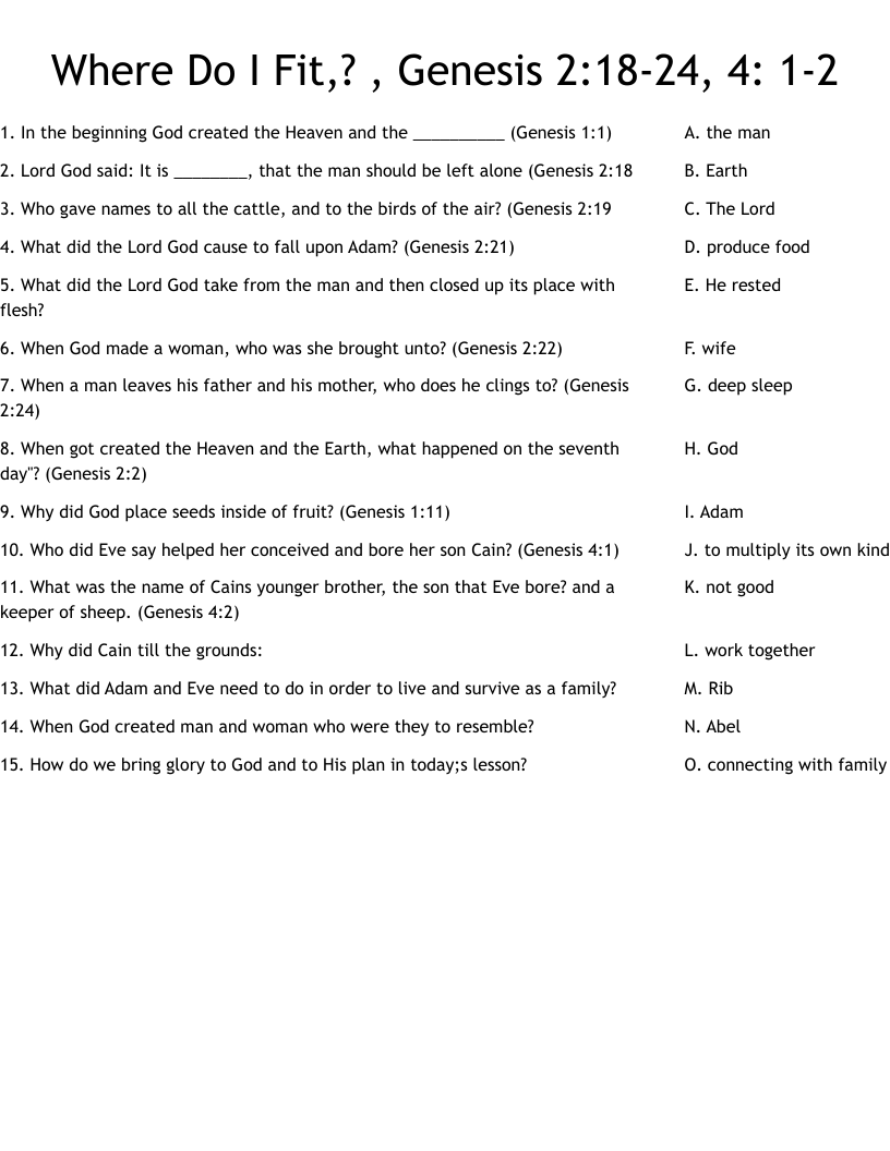 Where Do I Fit,? ,  Genesis 2:18-24, 4: 1-2 Worksheet