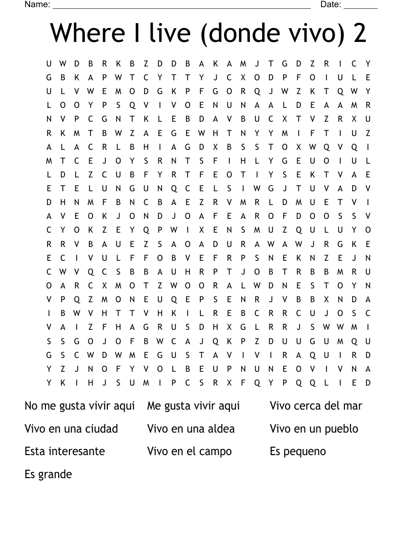 Where I live (donde vivo) 2 Word Search