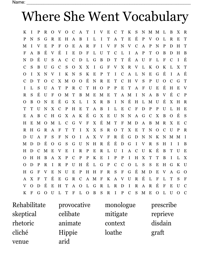 Where She Went Vocabulary Word Search