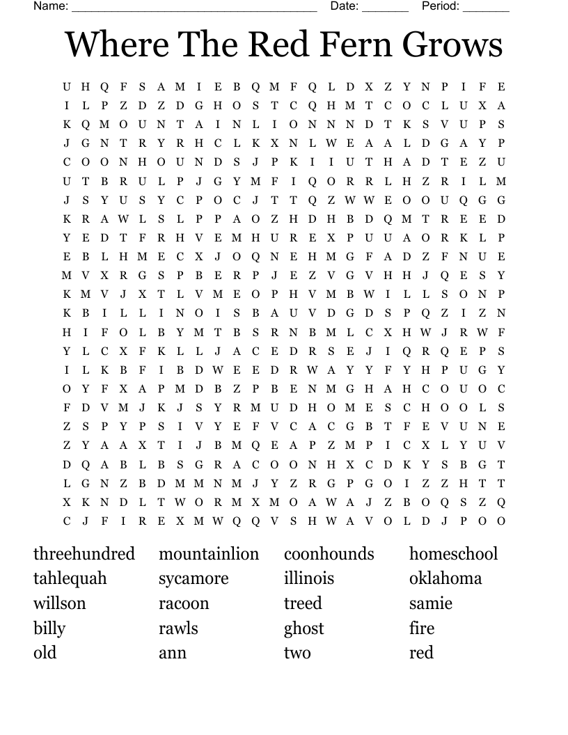 Where The Red Fern Grows Word Search