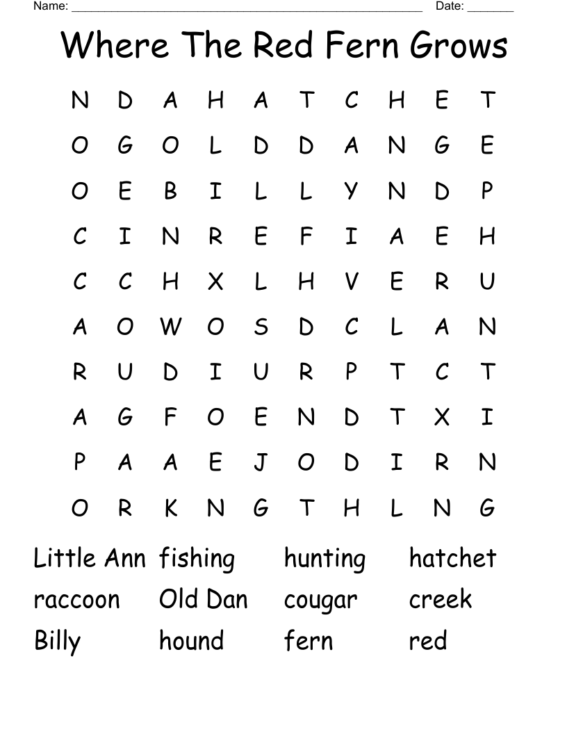 Where The Red Fern Grows Word Search