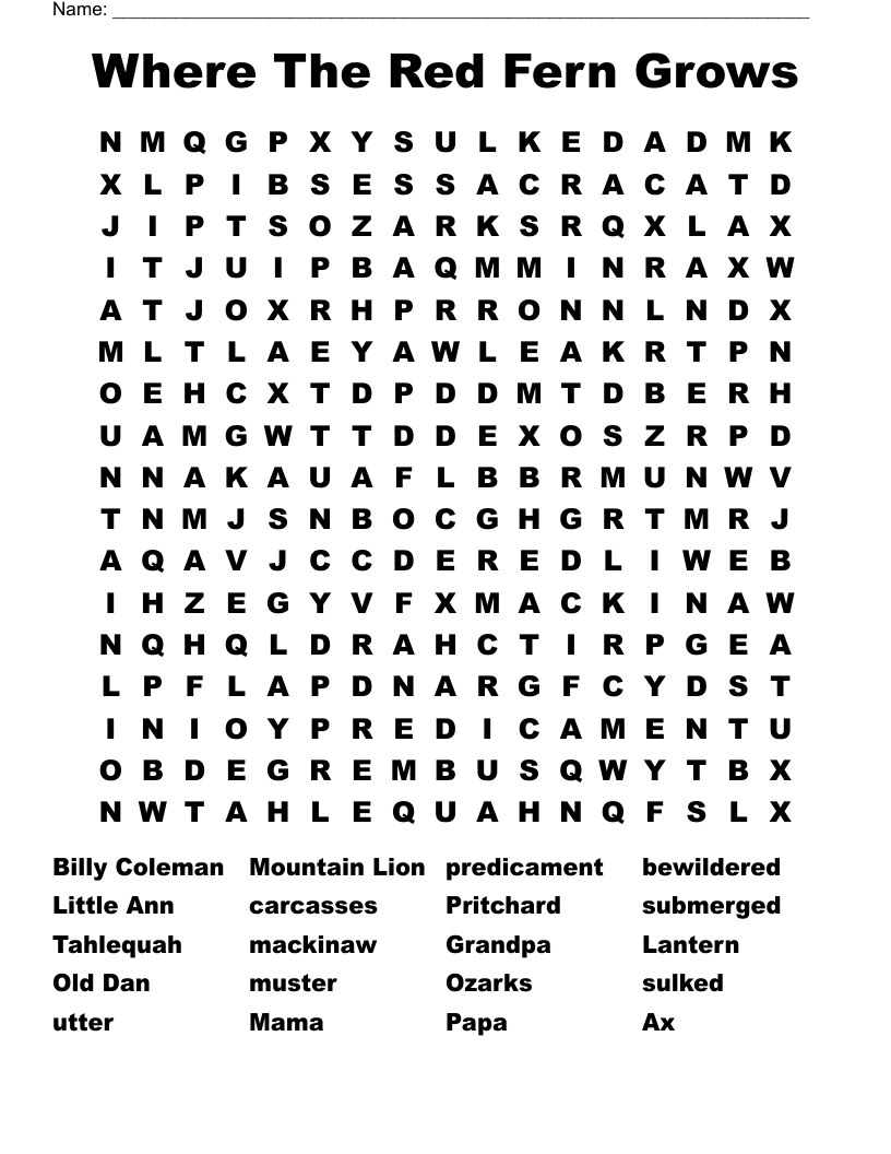 Where The Red Fern Grows Word Search