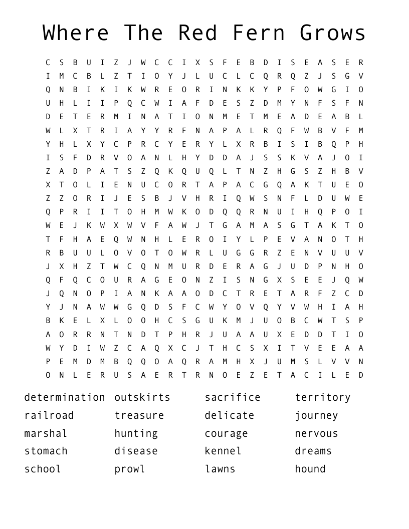 Where The Red Fern Grows Word Search