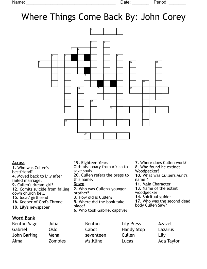 Where Things Come Back By: John Corey Crossword