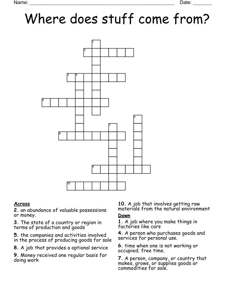 Where does stuff come from? Crossword