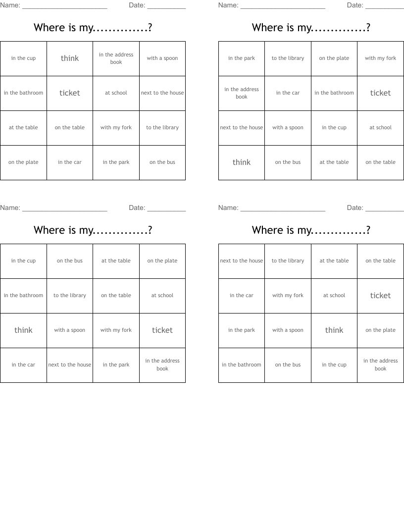 Where is my..............? Bingo Cards
