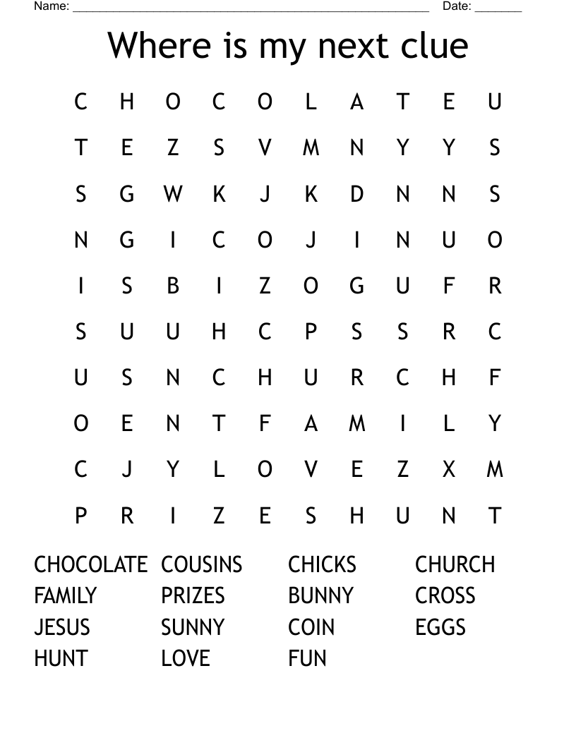 Where is my next clue Word Search
