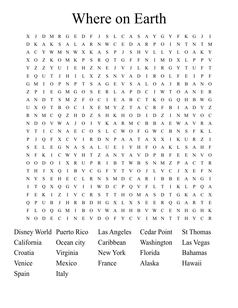 Where on Earth  Word Search