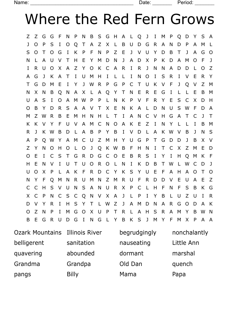 Where the Red Fern Grows Word Search