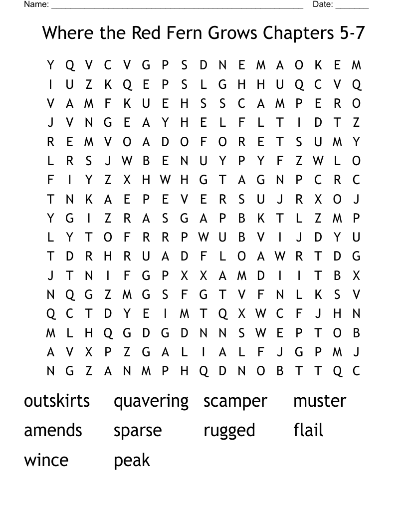 Where the Red Fern Grows Chapters 5-7 Word Search