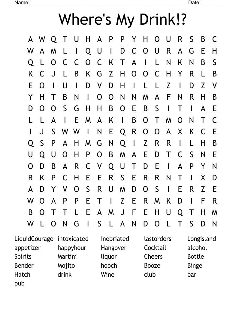 Where's My Drink!? Word Search