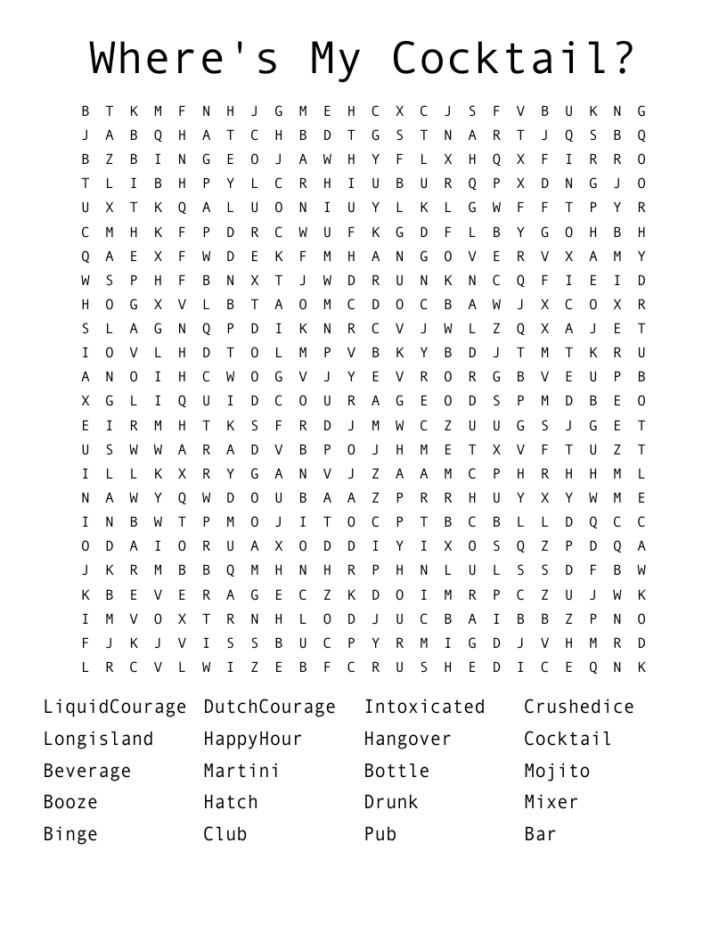 Where's  My Cocktail? Word Search