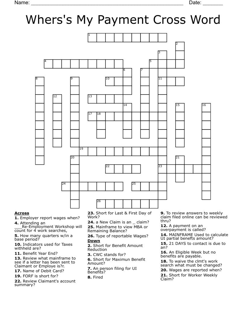 Whers's My Payment Cross Word