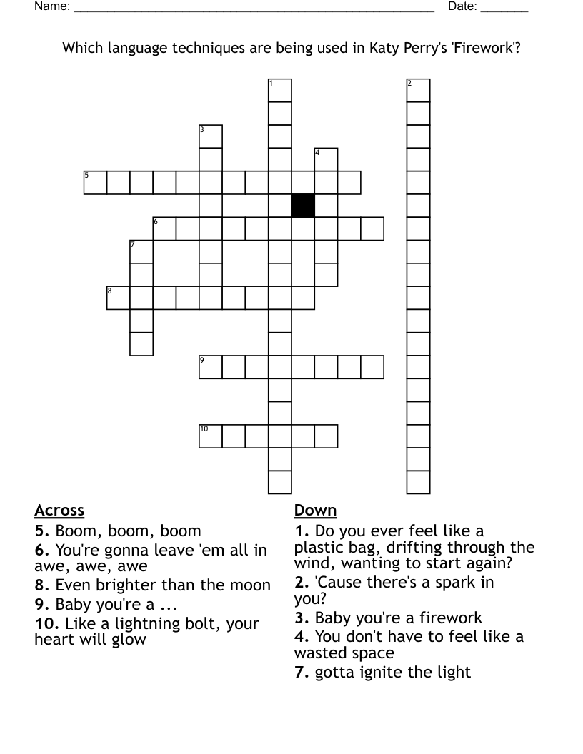Which language techniques are being used in Katy Perry's 'Firework'?  Crossword
