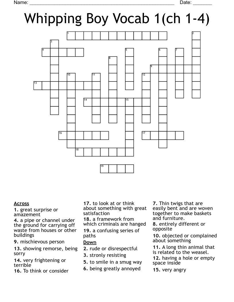 Whipping Boy Vocab 1(ch 1-4) Crossword