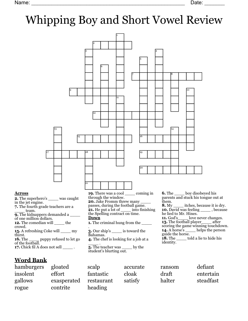 Whipping Boy and Short Vowel Review Crossword