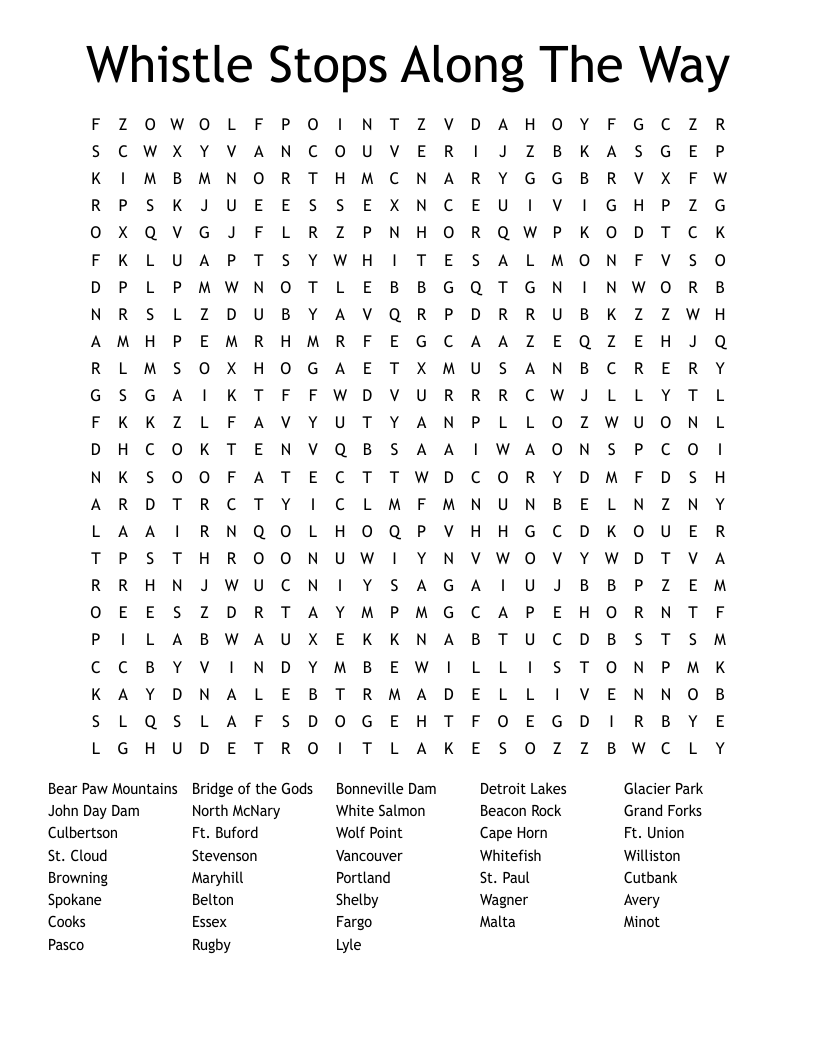 Whistle Stops Along The Way Word Search