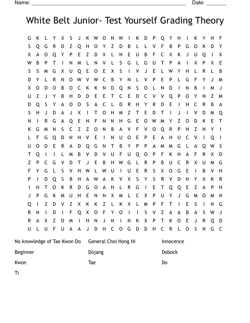 White Belt Junior- Test Yourself Grading Theory Word Search
