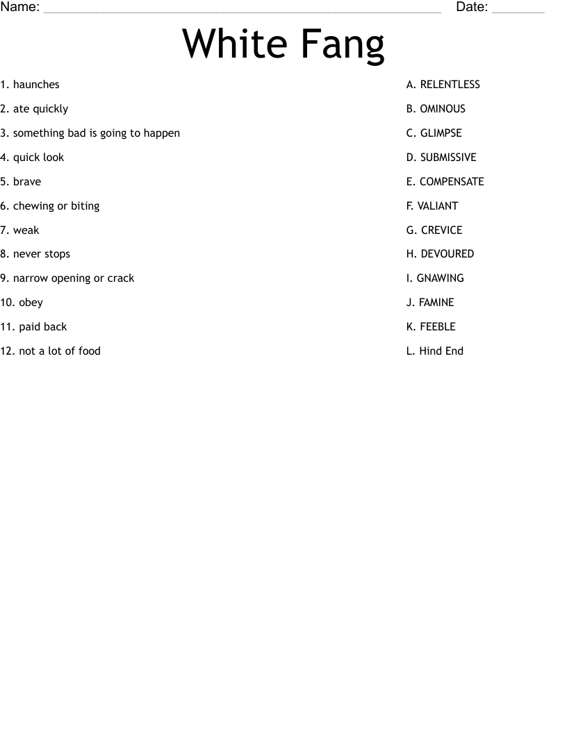 White Fang Worksheet