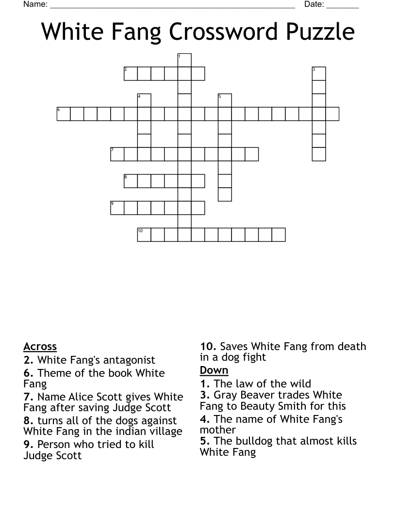 White Fang Crossword Puzzle