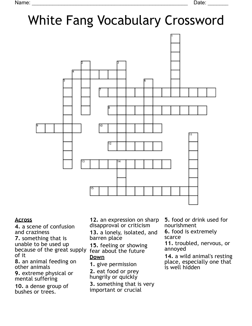 White Fang Vocabulary Crossword 