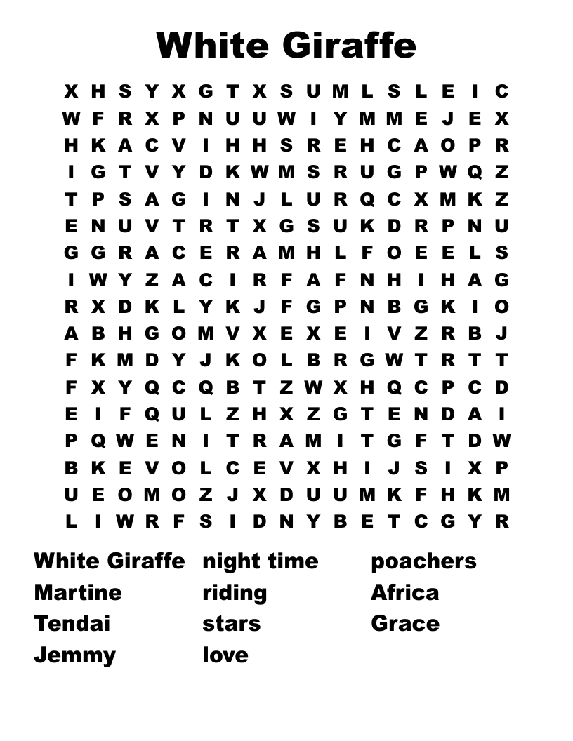White Giraffe  Word Search