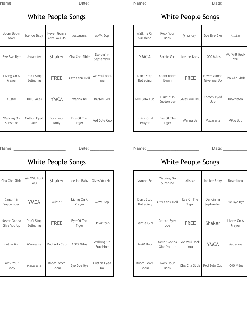 White People Songs Bingo Cards