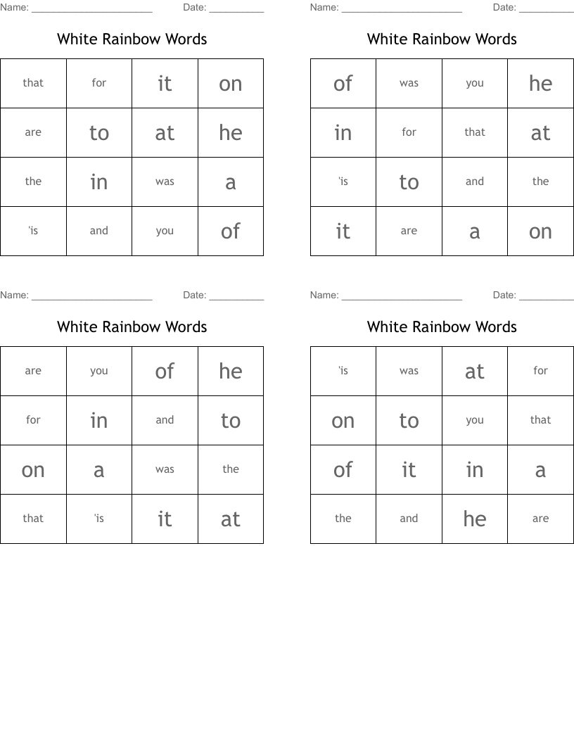 White Rainbow Words Bingo Cards