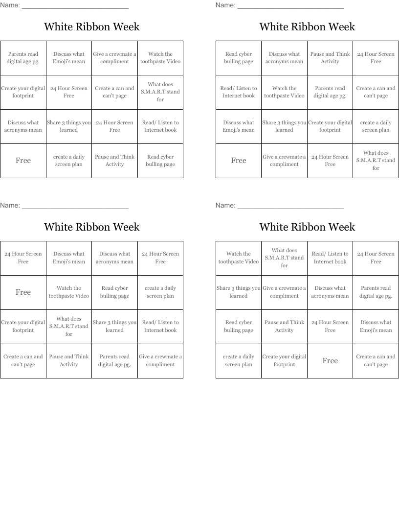 White Ribbon Week Bingo Cards