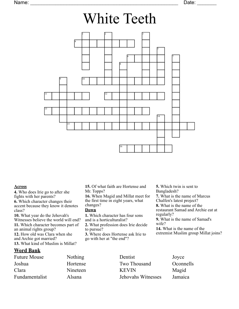 White Teeth Crossword