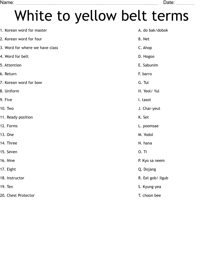White to yellow belt terms Worksheet