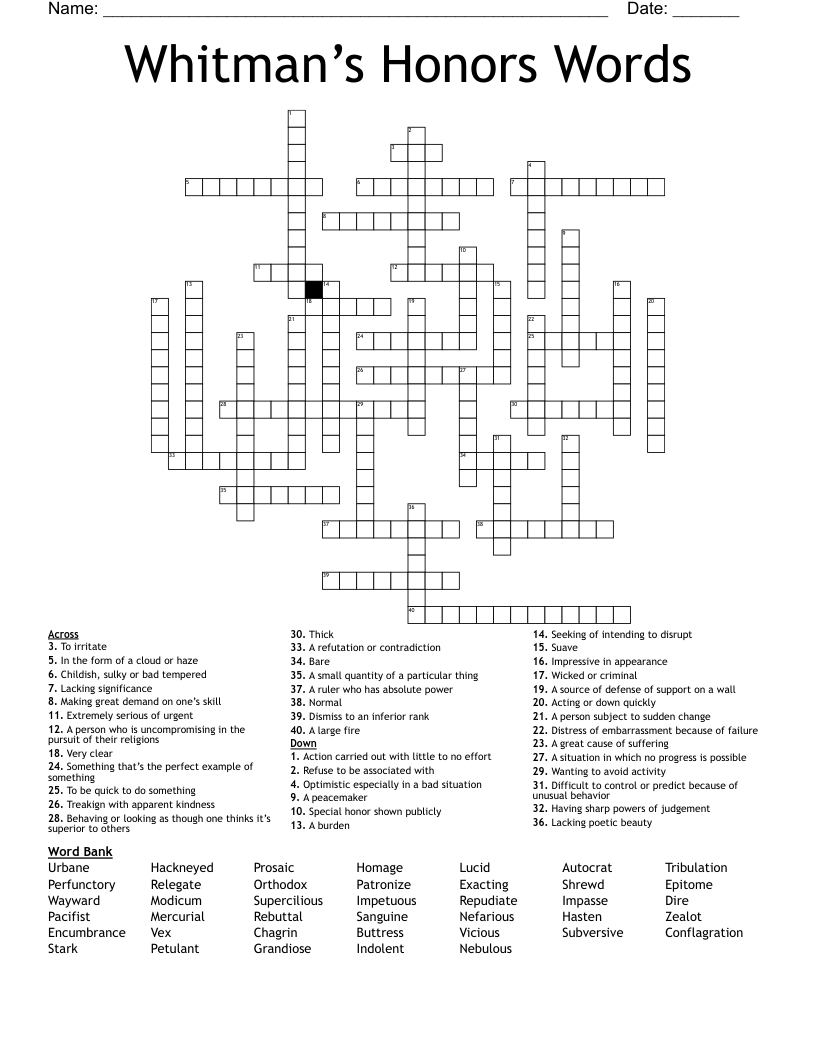 Whitman’s Honors Words Crossword