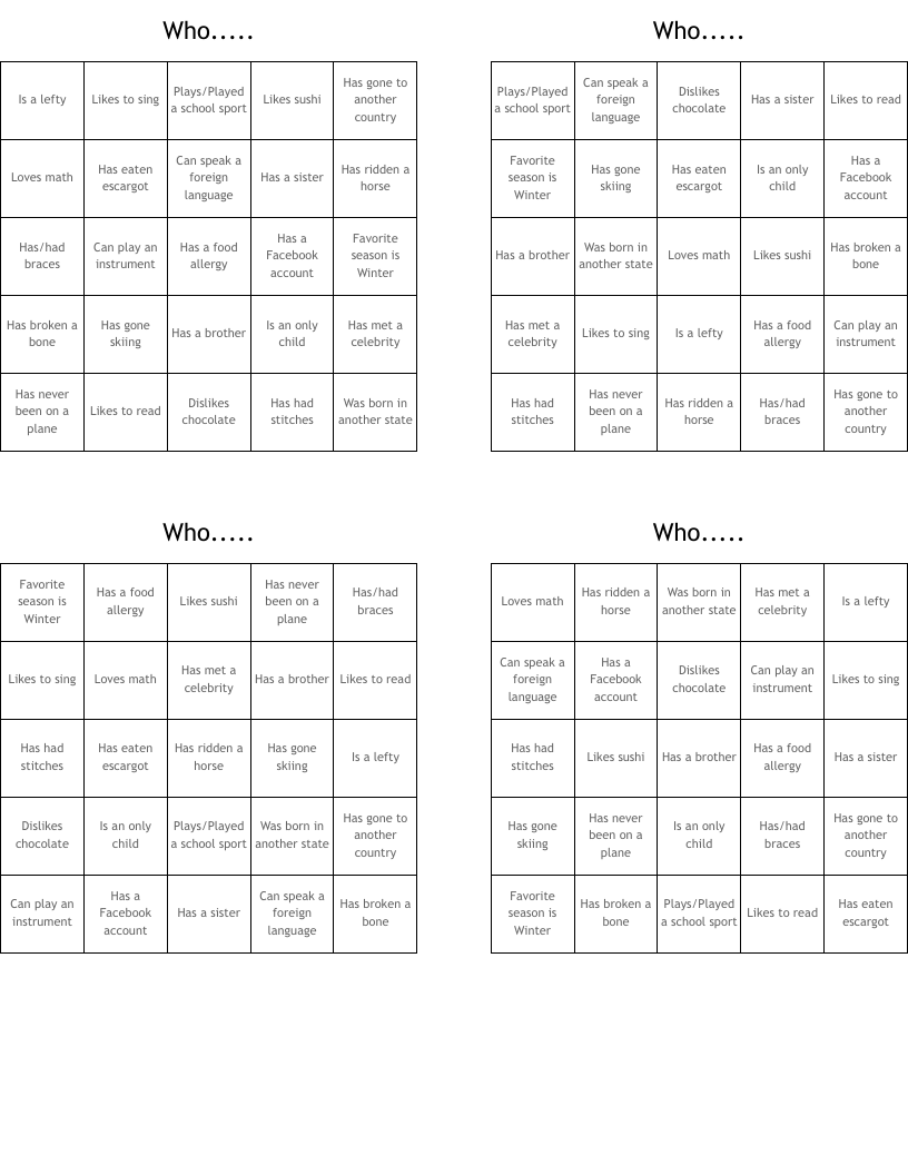 Who..... Bingo Cards