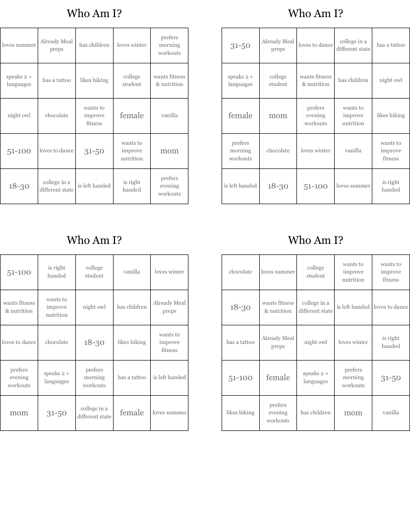 Who Am I? Bingo Cards