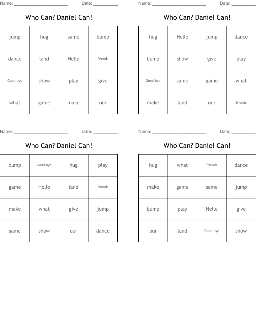 Who Can? Daniel Can! Bingo Cards