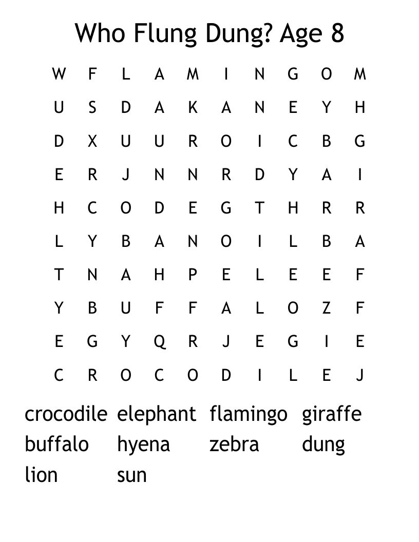 Who Flung Dung? Age 8 Word Search